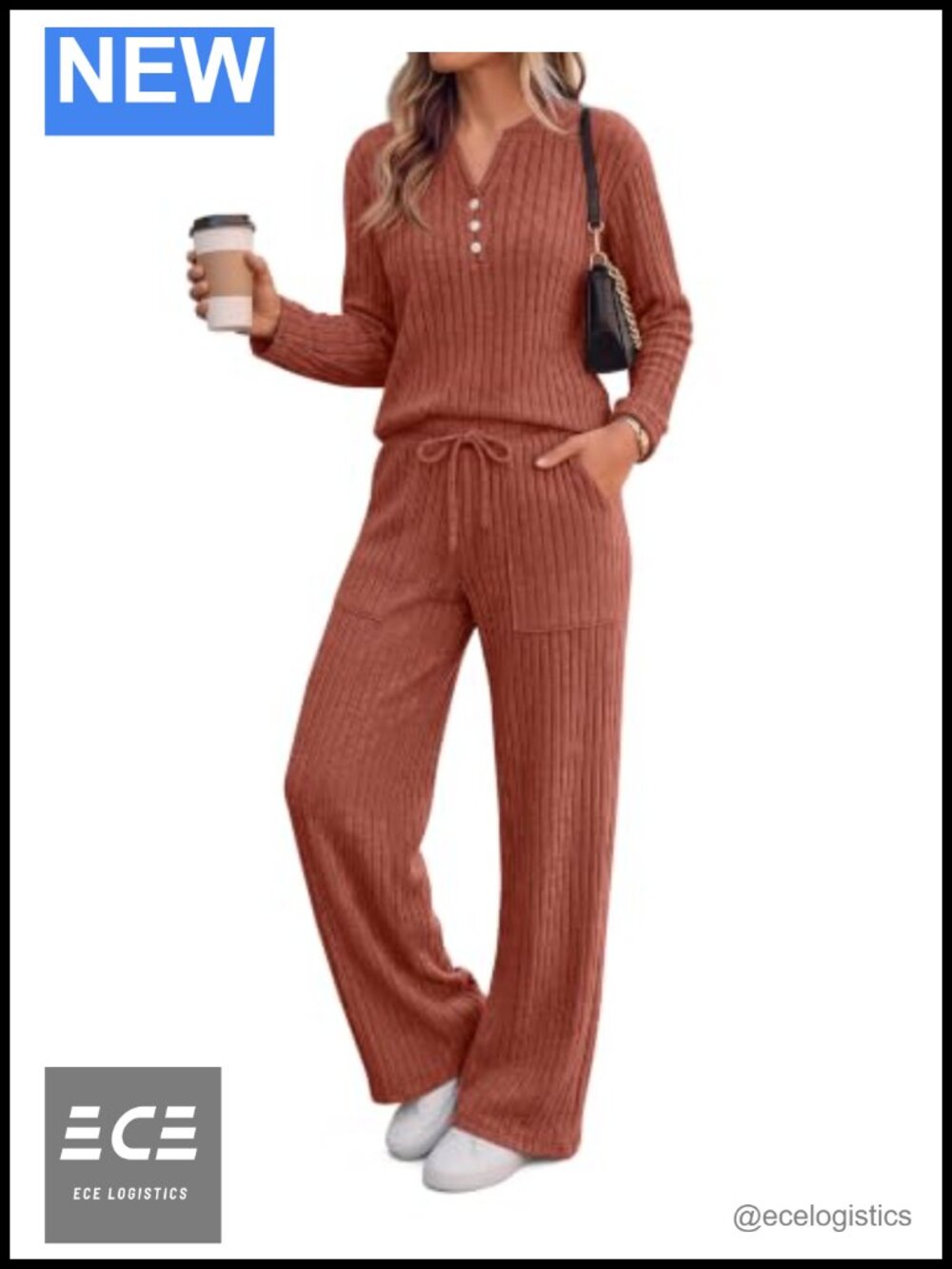 Women 2 Piece Lounge Set Long Sleeve Ribbed Knit Henley Top Wide Leg Pants
